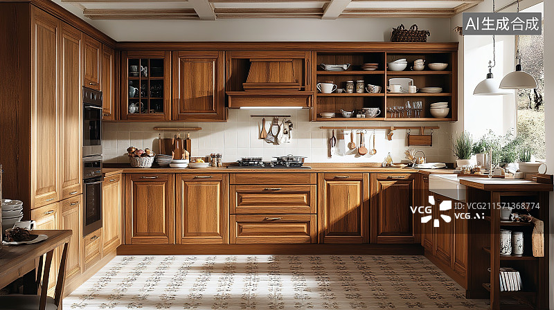 【AI数字艺术】美式乡村风格厨房实木橱柜复古拉手花砖地面3D室内装饰设计图片素材