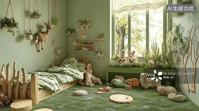 【AI数字艺术】绿色调森林童话风格儿童房绿色墙面儿童床草皮地毯3D室内装饰设计图片素材
