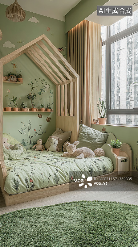 【AI数字艺术】绿色调森林童话风格儿童房绿色墙面儿童床草皮地毯3D室内装饰设计图片素材