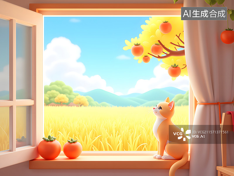 【AI数字艺术】猫在抬头看窗外风景的秋季场景插画图片素材