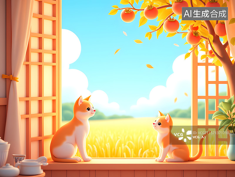 【AI数字艺术】猫在抬头看窗外风景的秋季场景插画图片素材