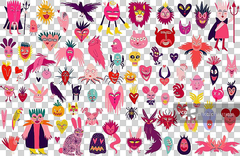 色彩鲜艳的奇怪丑陋的万圣节角色可爱图片素材