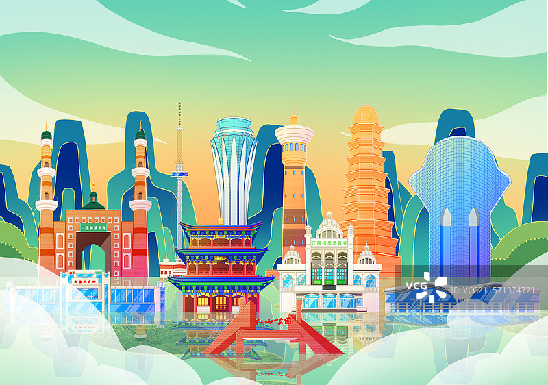 国潮风新中式绿色新疆乌鲁木齐旅游景点建筑图片素材