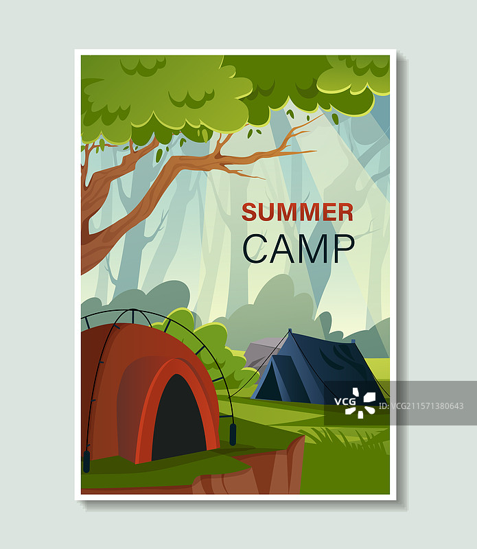 夏令营海报，红色和蓝色帐篷在森林中图片素材