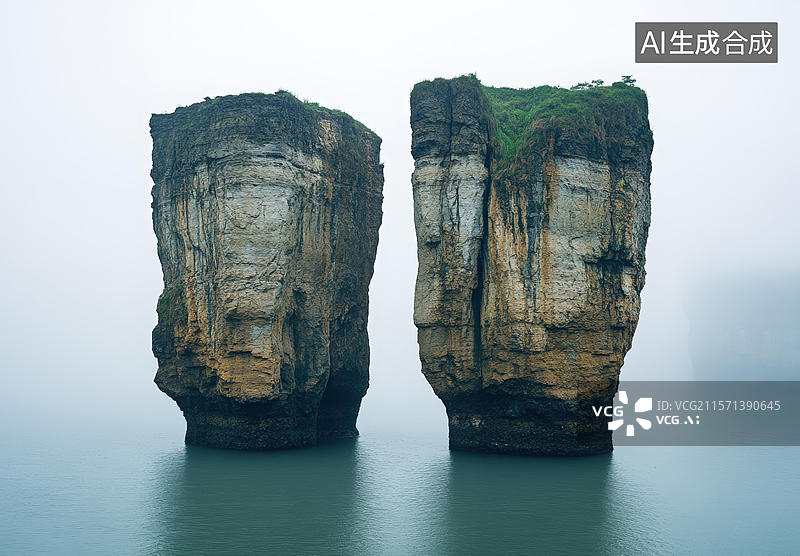 【AI数字艺术】湖畔岩石与绿树图片素材