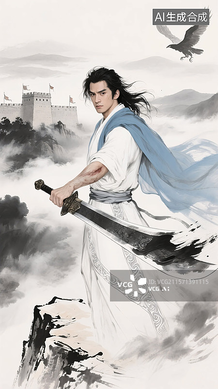 【AI数字艺术】水墨风武侠人物金庸系列‌：杨过图片素材