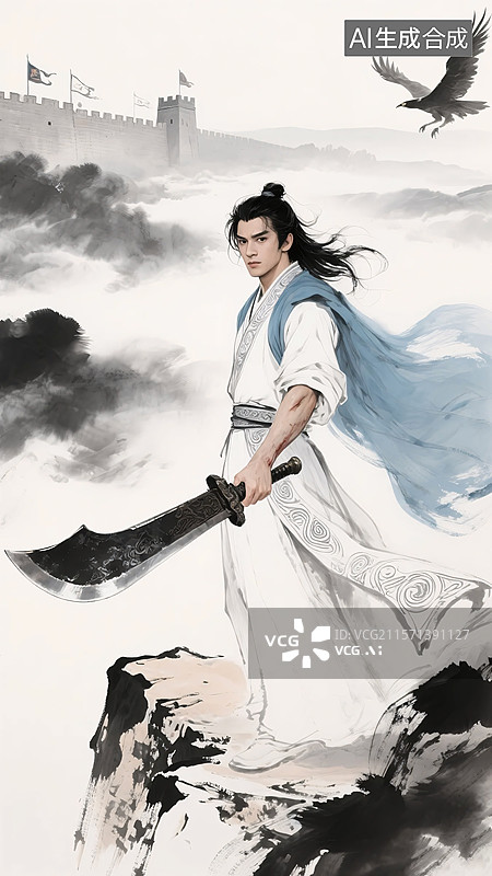 【AI数字艺术】水墨风武侠人物金庸系列‌：杨过图片素材