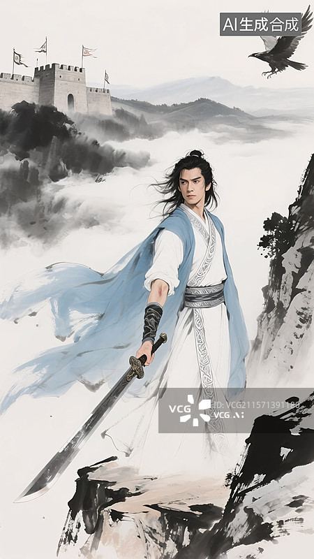 【AI数字艺术】水墨风武侠人物金庸系列‌：杨过图片素材