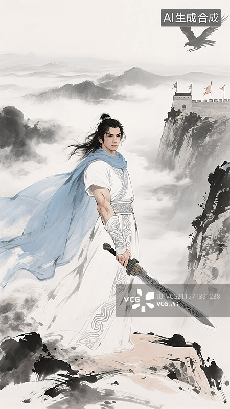 【AI数字艺术】水墨风武侠人物金庸系列‌：杨过图片素材