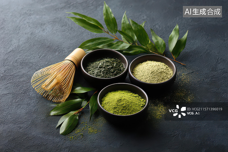 【AI数字艺术】抹茶粉末与茶筅静物组合特写图片素材