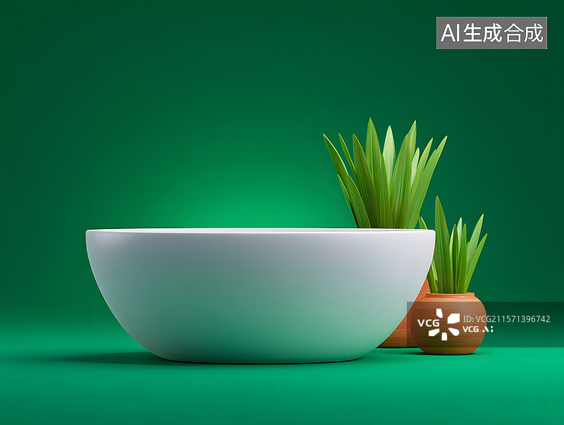 【AI数字艺术】简约白色浴缸搭配绿植的清新插图图片素材