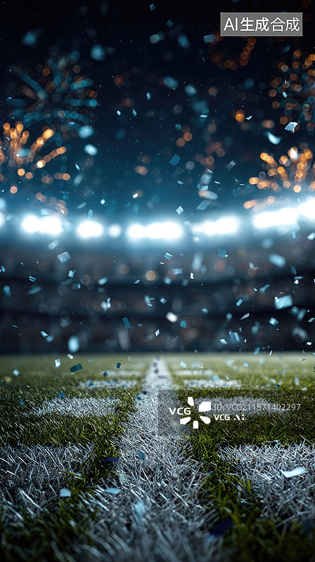 【AI数字艺术】赛博朋克胜利霓虹灯照耀夜间足球场烟花彩屑齐飞未来主义体育场庆祝成功的鸟瞰图抽象商业背景图片素材