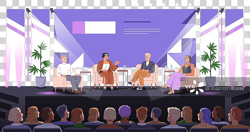 会议舞台上坐着一组演讲者图片素材