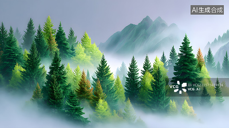 【AI数字艺术】浓雾笼罩的绿色茂密森林背景图片素材