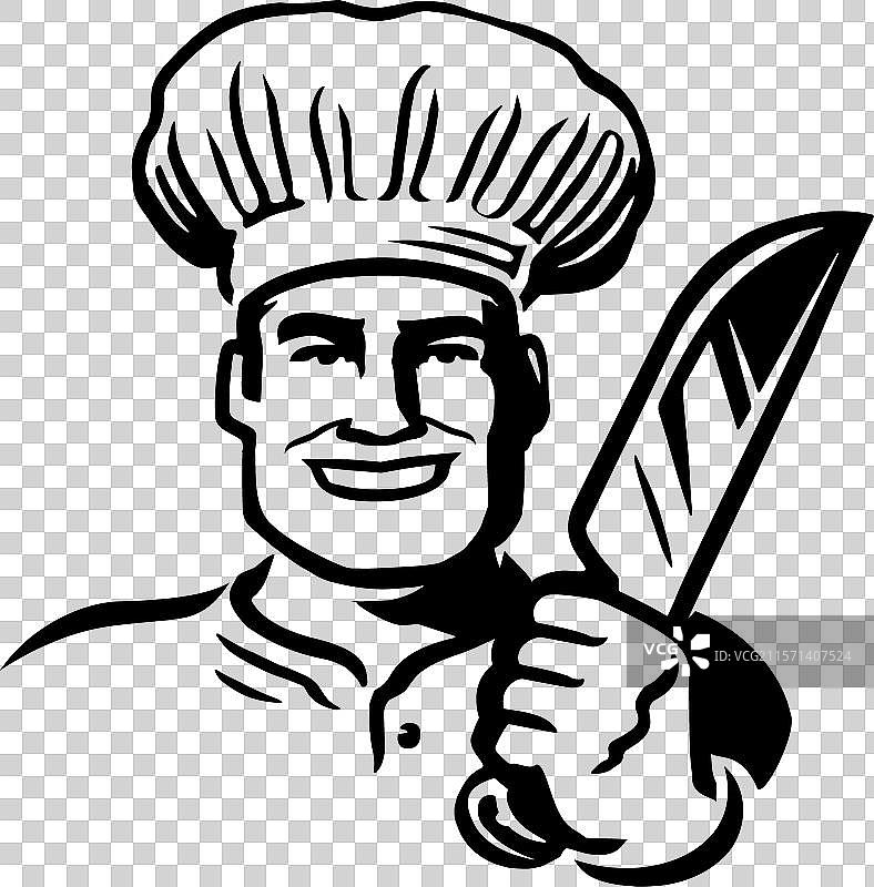 戴着厨师帽的快乐厨师与刀具的标志图片素材