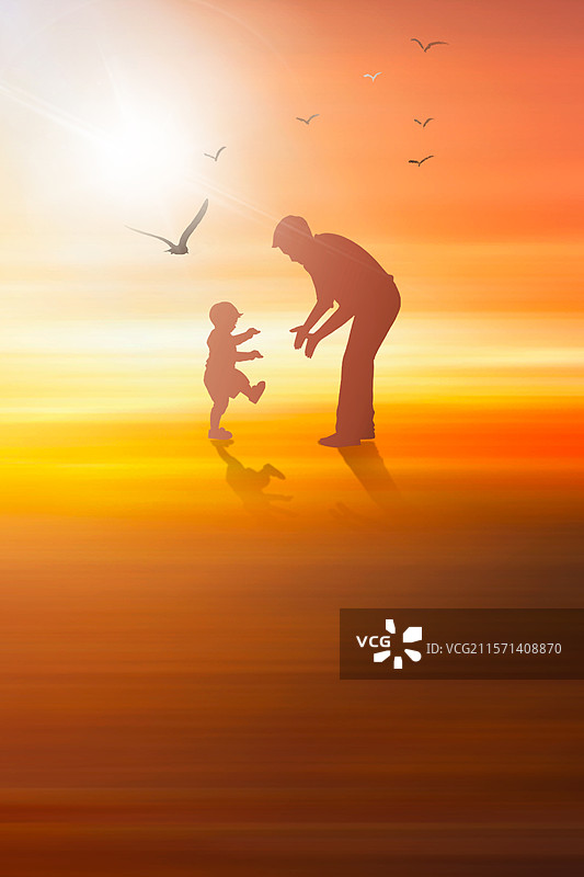 梦幻治愈系风格感恩父亲节公益宣传插画 爸爸和孩子打闹 侧面视角剪影 暖色背景 竖版图片素材