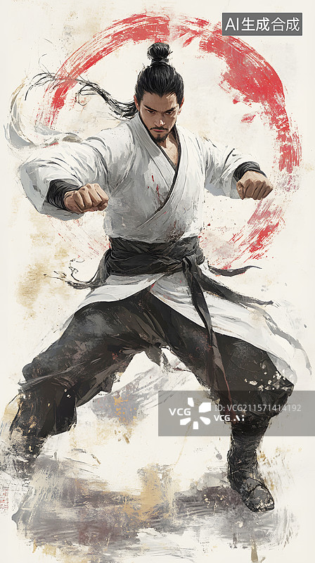 【AI数字艺术】AIGC：国风水墨画武侠小说人物 郭靖 降龙十八掌图片素材