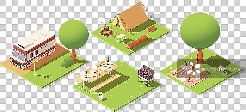各种露营和野餐布置的等距风格图片素材