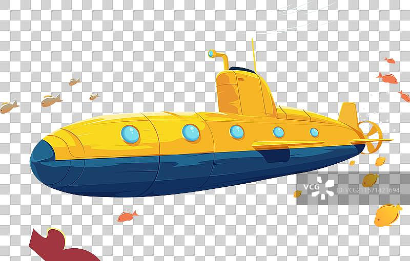 一艘黄色潜水艇在海洋中与鱼群一起游弋图片素材