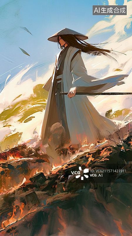 【AI数字艺术】新国风水墨风武侠人物传统侠客‌剑客盖聂 手拿宝剑行走江湖对战千军万马游戏场景概念设计插图图片素材