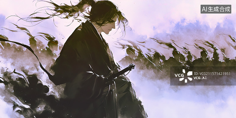 【AI数字艺术】新国风水墨风武侠人物传统侠客‌剑客盖聂 手拿宝剑行走江湖对战千军万马游戏场景概念设计插图图片素材
