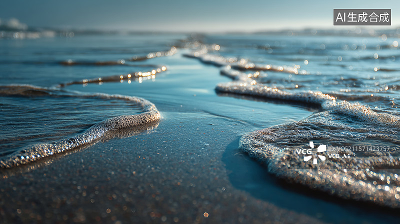 【AI数字艺术】海浪轻拍沙滩的日落海岸风景图图片素材
