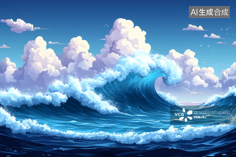 【AI数字艺术】蔚蓝的海水，波涛汹涌的海浪，热带气候图片素材