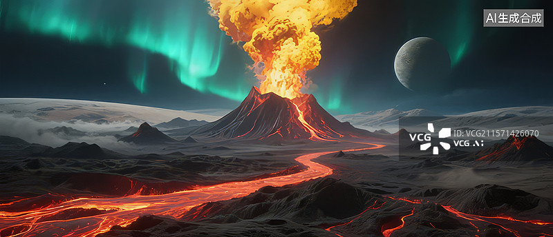 【AI数字艺术】火山喷发与极光图片素材