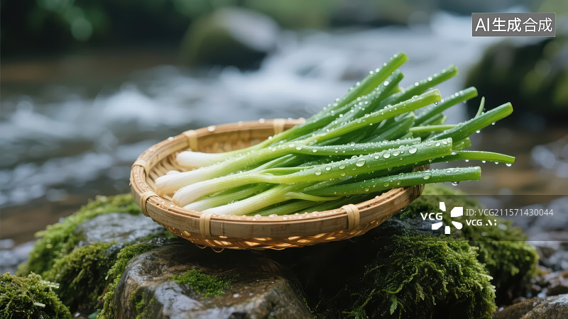 【AI数字艺术】溪边竹篮里新鲜的葱图片素材
