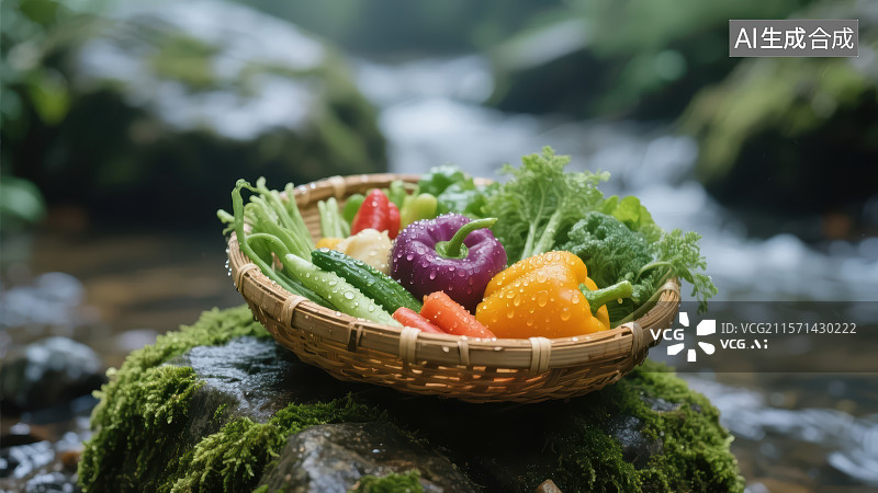 【AI数字艺术】溪边竹篮里新鲜的各种蔬菜图片素材