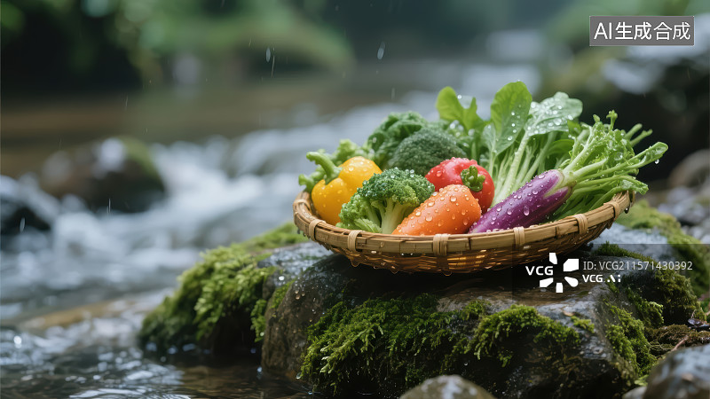 【AI数字艺术】溪边竹篮里新鲜的各种蔬菜图片素材