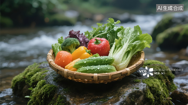 【AI数字艺术】溪边竹篮里新鲜的各种蔬菜图片素材