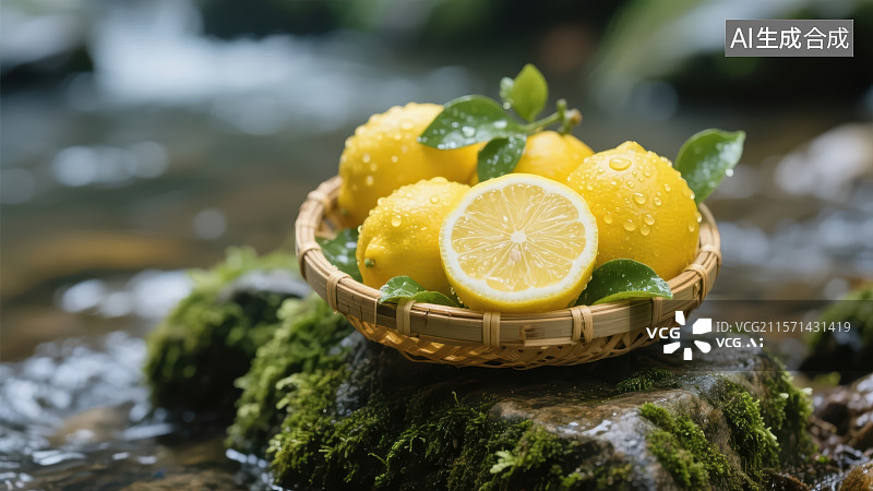 【AI数字艺术】溪边竹篮里新鲜的柠檬图片素材