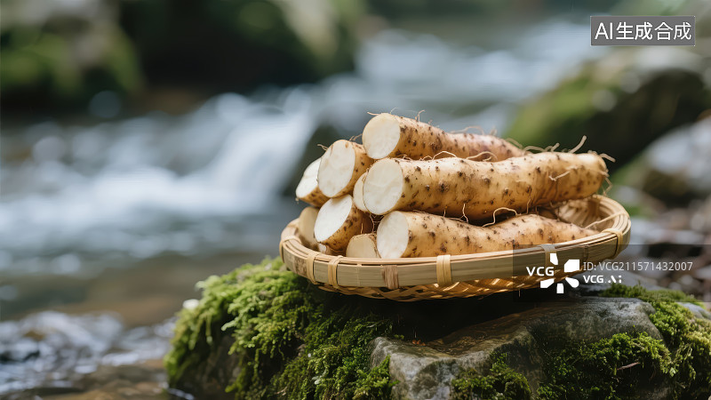 【AI数字艺术】溪边竹篮里新鲜的山药图片素材