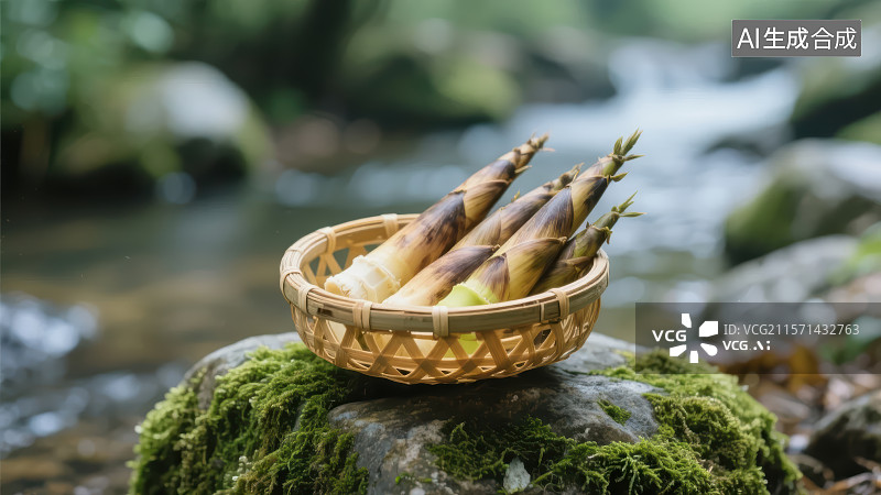 【AI数字艺术】溪边竹篮里新鲜的竹笋图片素材