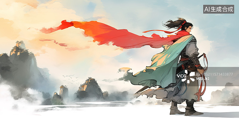 【AI数字艺术】新国风水墨风武侠人物传统侠客‌刺客荆轲先秦时期历史人物角色 手拿宝剑行走江湖游戏场景概念设计插画配图图片素材