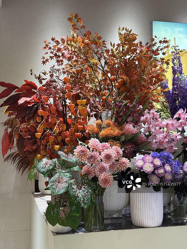 秋冬橘红色系花艺图片素材