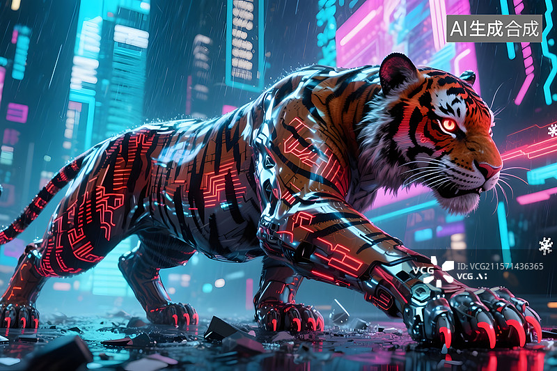 【AI数字艺术】威武霸气老虎形象插画背景图片素材