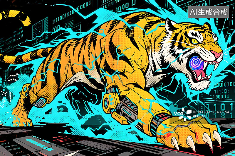 【AI数字艺术】威武霸气老虎形象插画背景图片素材