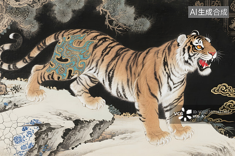 【AI数字艺术】威武霸气老虎形象插画背景图片素材