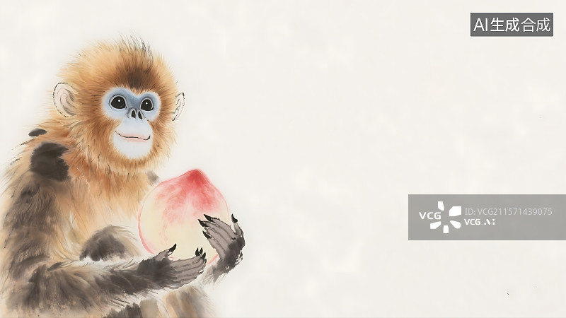 【AI数字艺术】抱着桃子的金丝猴水墨画背景居左图片素材