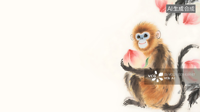 【AI数字艺术】抱着桃子的金丝猴水墨画背景居右图片素材