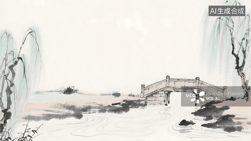 【AI数字艺术】春天小桥流水水墨画背景环绕图片素材