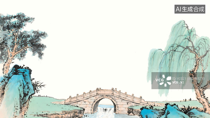 【AI数字艺术】春天小桥流水水墨画背景环绕图片素材