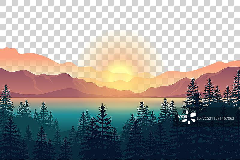 美丽的海洋日落景色与松树林图片素材