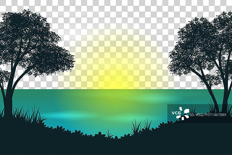 热带树木与绿色和黄色的日落图片素材