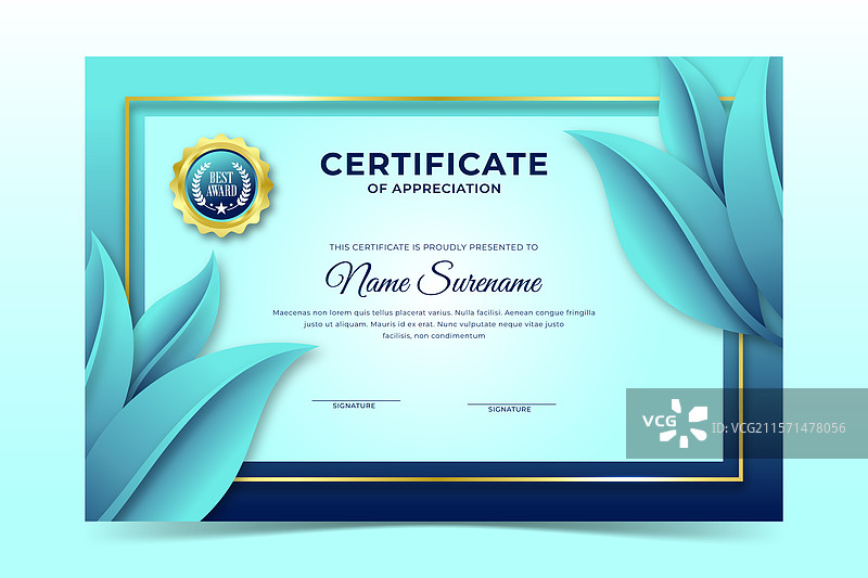 简单的蓝色叶子框架环境证书图片素材