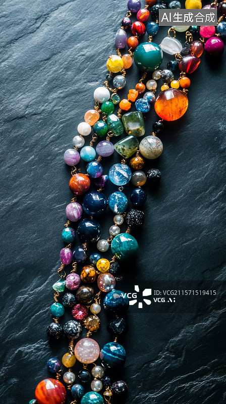 【AI数字艺术】彩色宝石珍珠项链平铺展示图图片素材