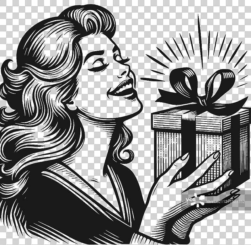 快乐的年轻女性收到了圣诞礼物图片素材