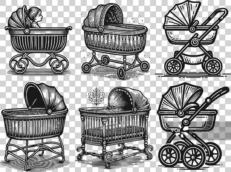 旧款婴儿推车和摇篮图片素材